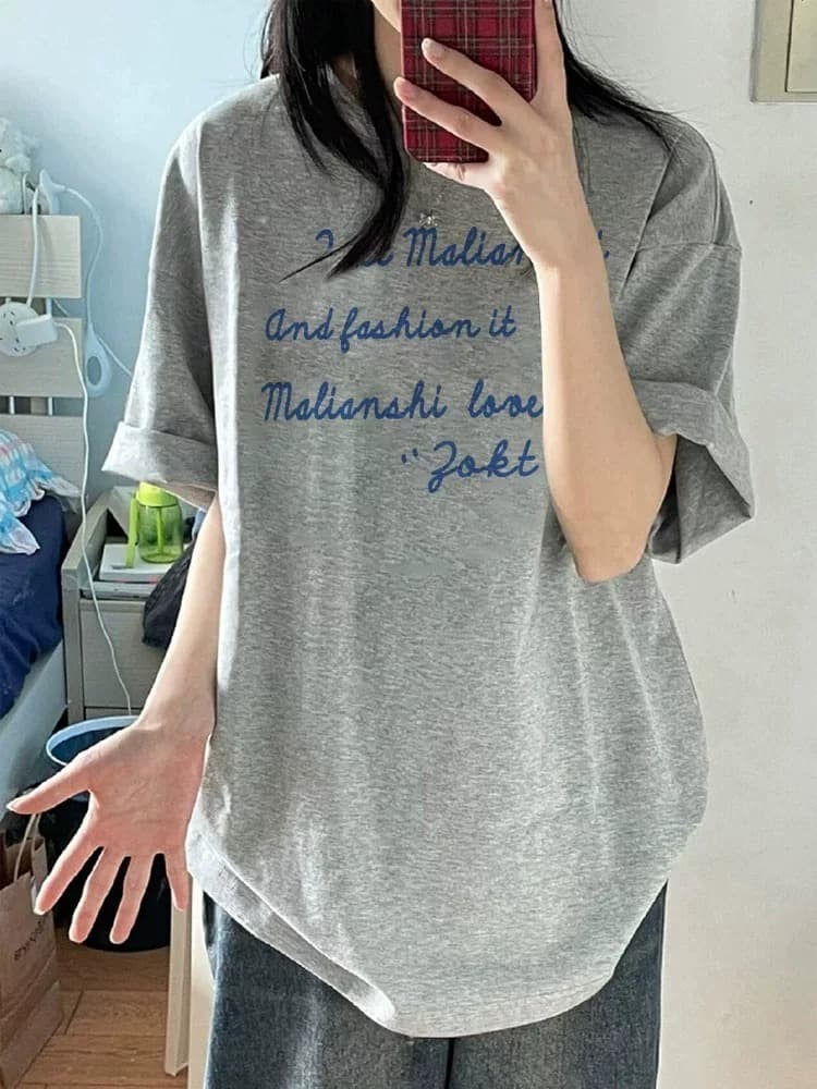 한 부서 순면 기본 셔츠 여름 새로운 느긋한 루즈핏 알파벳 프린트 라운드 넥 반팔 빅 사이즈 여성 의류 티셔츠 이미지 3