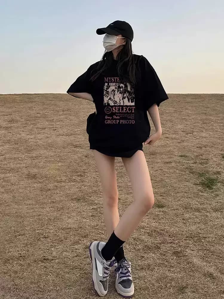 경관 그림 21 순면 210 그램 면 여름 드레스 한 부서 반팔 티셔츠 여성 한국 스타일 루즈핏 빅 사이즈 프린트 상세 이미지 5