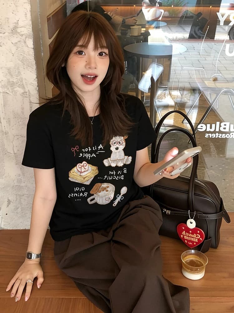 한 부서 순면 기본 셔츠 여름 새로운 느긋한 루즈핏 만화 프린트 라운드 넥 반팔 빅 사이즈 여성 의류 티셔츠 상세 이미지 6
