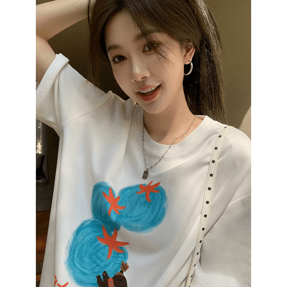 2026 한국 대외 무역 새로운 이후 패키지 칼라 여름 드레스 한 부서 반팔 티셔츠 여성 한국 스타일 루즈핏 빅 사이즈 프린트 상세 이미지 6