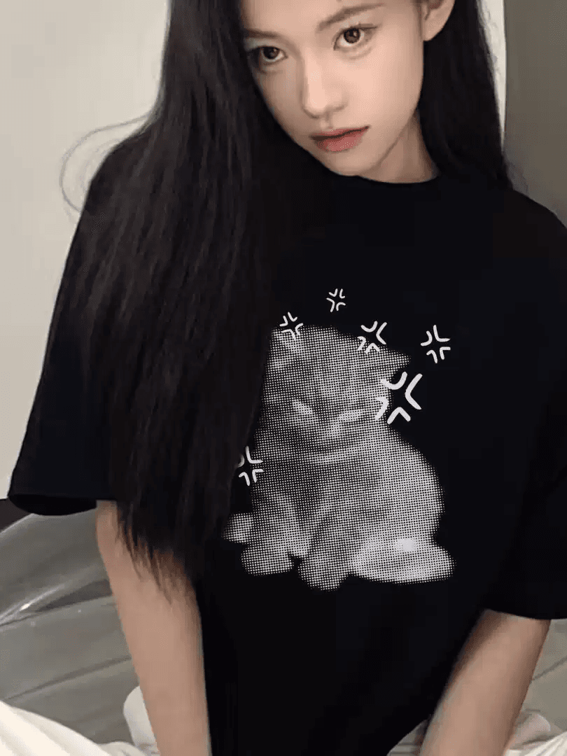 한 부서 순면 기본 셔츠 여름 새로운 느긋한 루즈핏 만화 프린트 라운드 넥 반팔 빅 사이즈 여성 의류 티셔츠 이미지 4