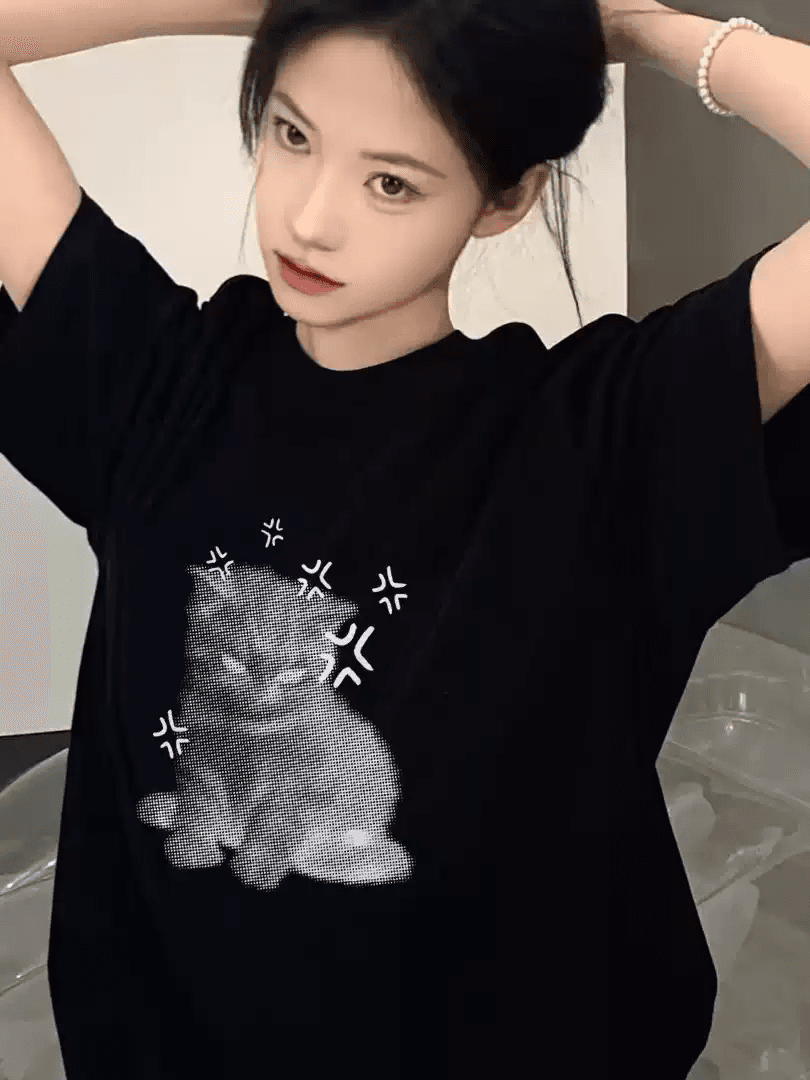 한 부서 순면 기본 셔츠 여름 새로운 느긋한 루즈핏 만화 프린트 라운드 넥 반팔 빅 사이즈 여성 의류 티셔츠 상세 이미지 3