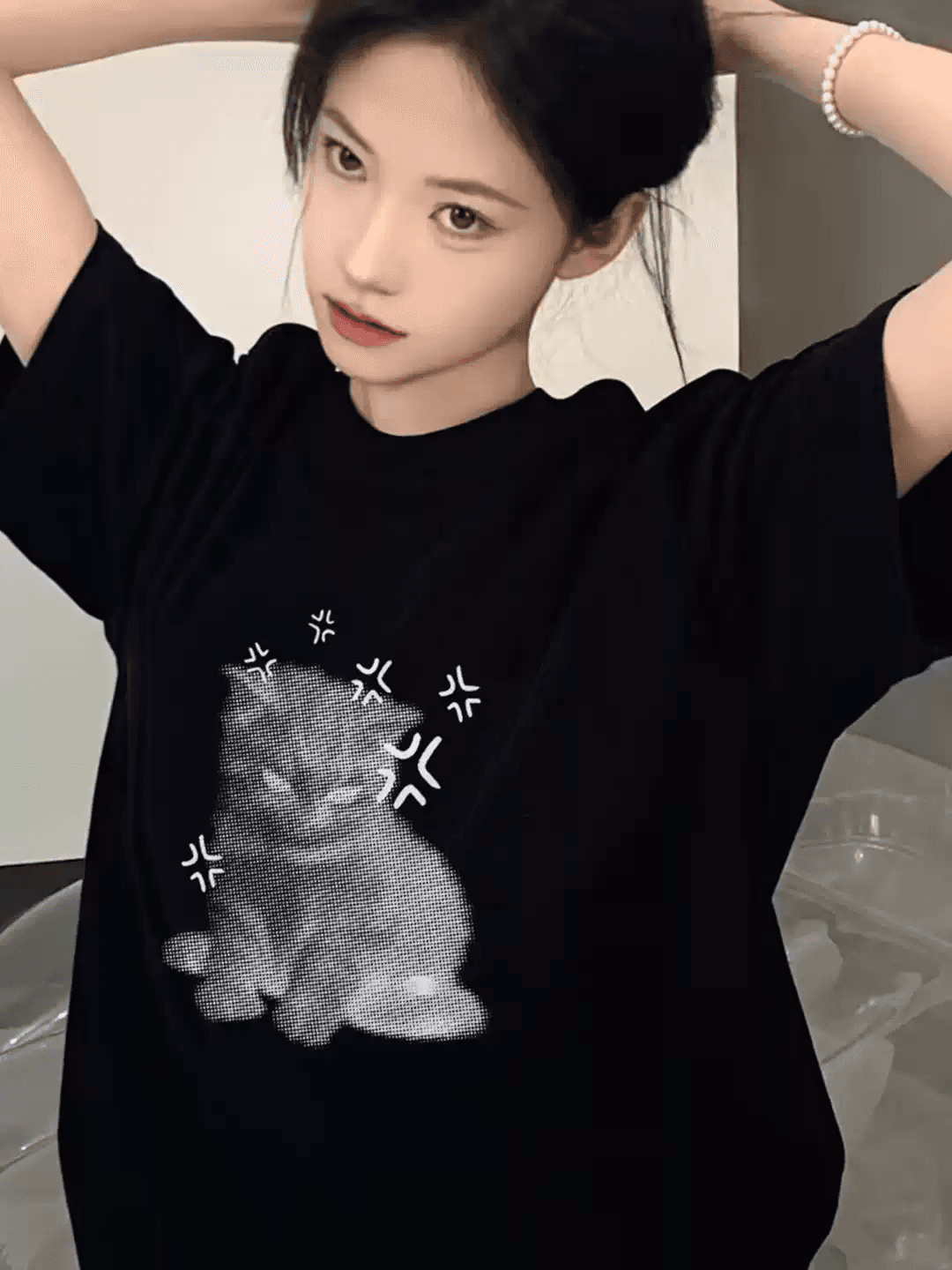 한 부서 순면 기본 셔츠 여름 새로운 느긋한 루즈핏 만화 프린트 라운드 넥 반팔 빅 사이즈 여성 의류 티셔츠 상세 이미지 6