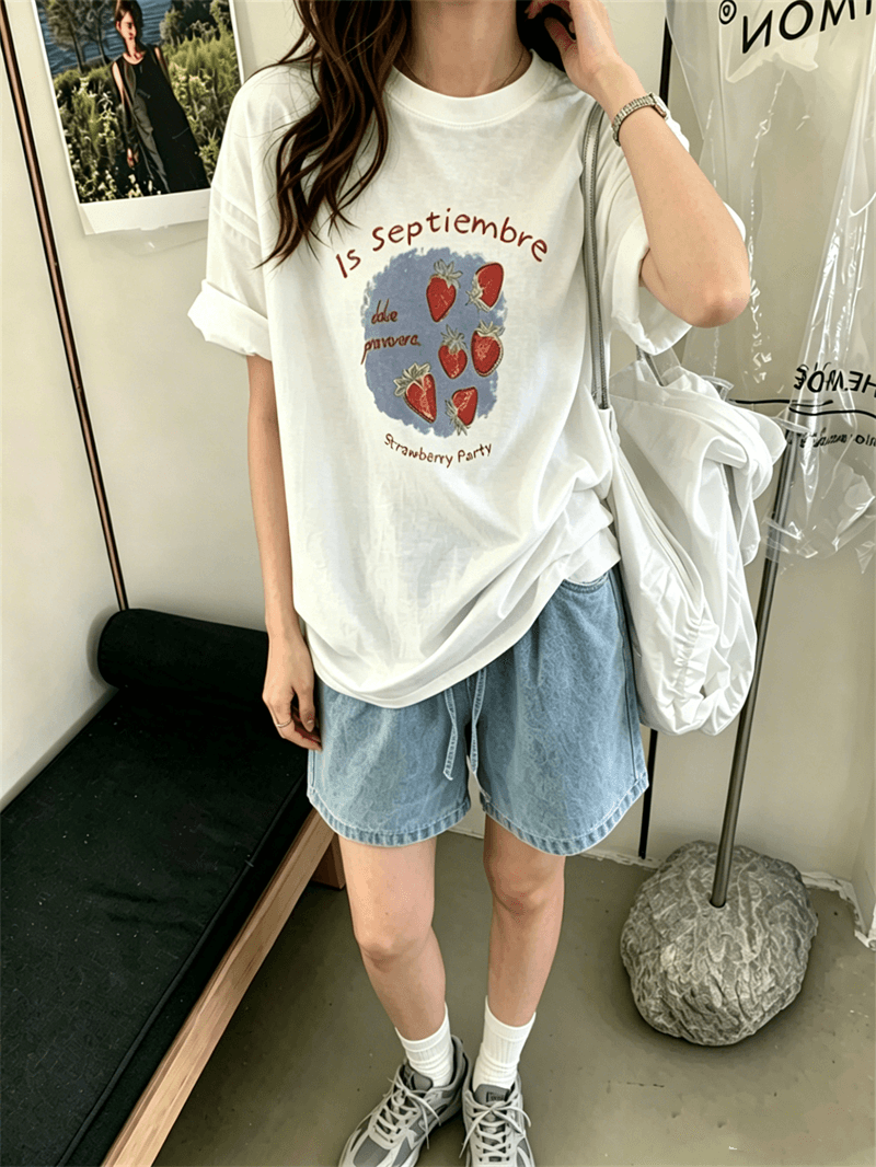 여름 드레스 한 부서 반팔 티셔츠 여성 한국 스타일 루즈핏 빅 사이즈 프린트 이미지 3