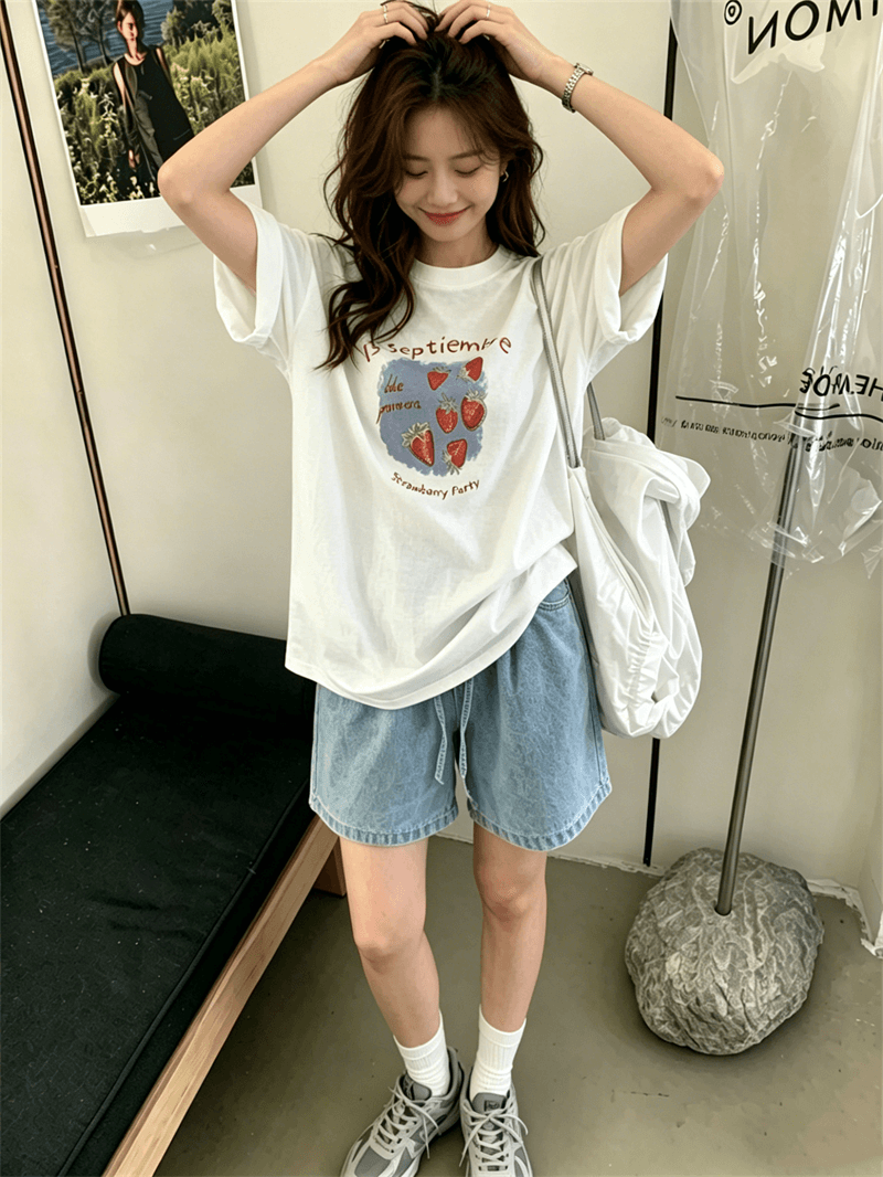 여름 드레스 한 부서 반팔 티셔츠 여성 한국 스타일 루즈핏 빅 사이즈 프린트 이미지 2