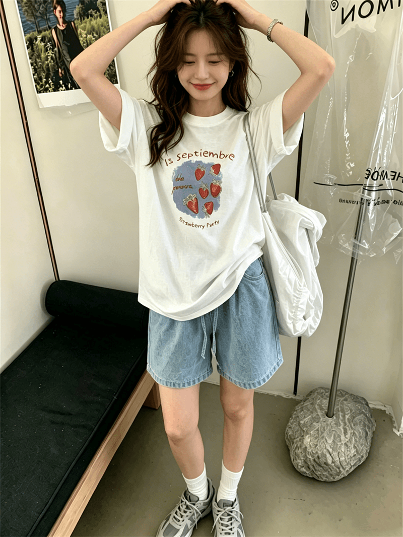 여름 드레스 한 부서 반팔 티셔츠 여성 한국 스타일 루즈핏 빅 사이즈 프린트 이미지 4
