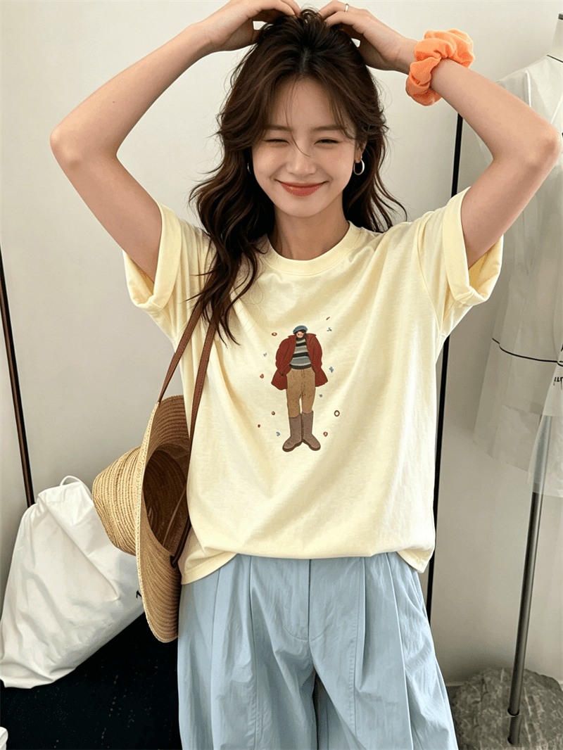 경관 그림 21 순면 210 그램 이후 패키지 칼라 여름 드레스 한 부서 반팔 티셔츠 여성 한국 스타일 루즈핏 빅 사이즈 프린트