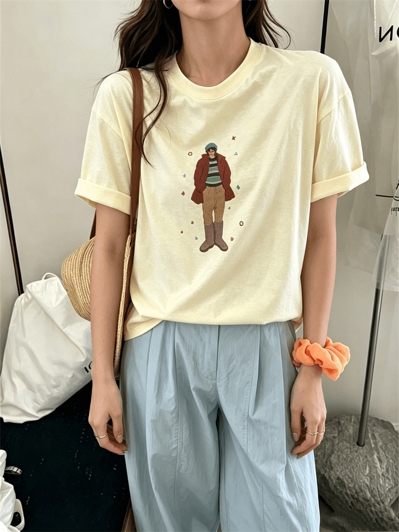 경관 그림 21 순면 210 그램 이후 패키지 칼라 여름 드레스 한 부서 반팔 티셔츠 여성 한국 스타일 루즈핏 빅 사이즈 프린트 이미지 2