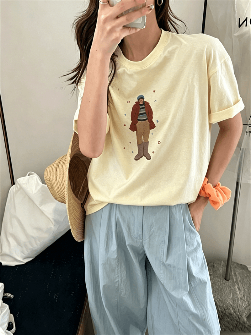 경관 그림 21 순면 210 그램 이후 패키지 칼라 여름 드레스 한 부서 반팔 티셔츠 여성 한국 스타일 루즈핏 빅 사이즈 프린트 이미지 4