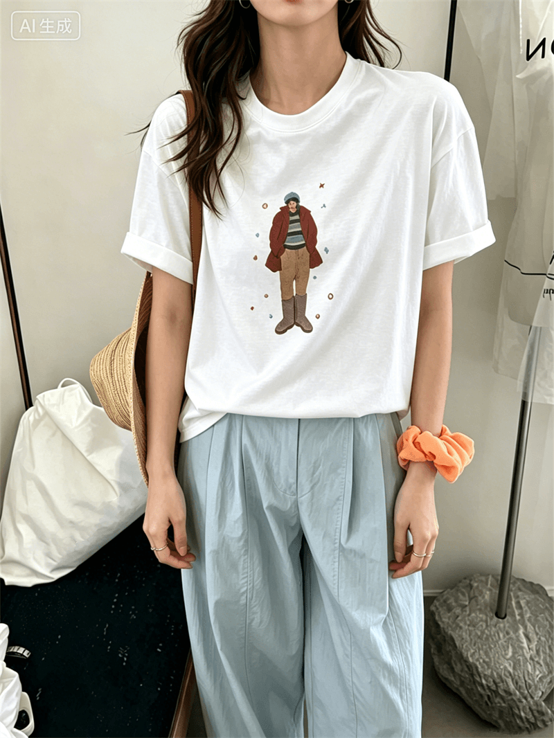 경관 그림 21 순면 210 그램 이후 패키지 칼라 여름 드레스 한 부서 반팔 티셔츠 여성 한국 스타일 루즈핏 빅 사이즈 프린트 상세 이미지 4