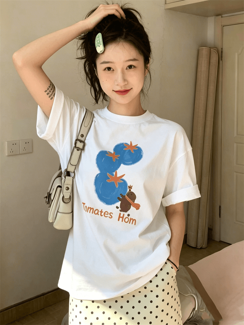 경관 그림 21 순면 210 그램 이후 패키지 칼라 여름 드레스 한 부서 반팔 티셔츠 여성 한국 스타일 루즈핏 빅 사이즈 프린트 이미지 3