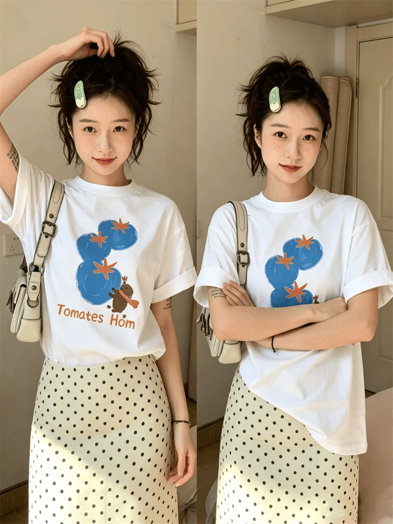 경관 그림 21 순면 210 그램 이후 패키지 칼라 여름 드레스 한 부서 반팔 티셔츠 여성 한국 스타일 루즈핏 빅 사이즈 프린트 상세 이미지 4