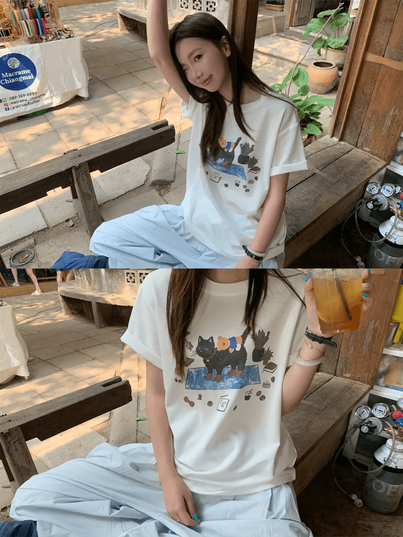 2026 한국 대외 무역 새로운 이후 패키지 칼라 여름 드레스 한 부서 반팔 티셔츠 여성 한국 스타일 루즈핏 빅 사이즈 프린트 이미지 3