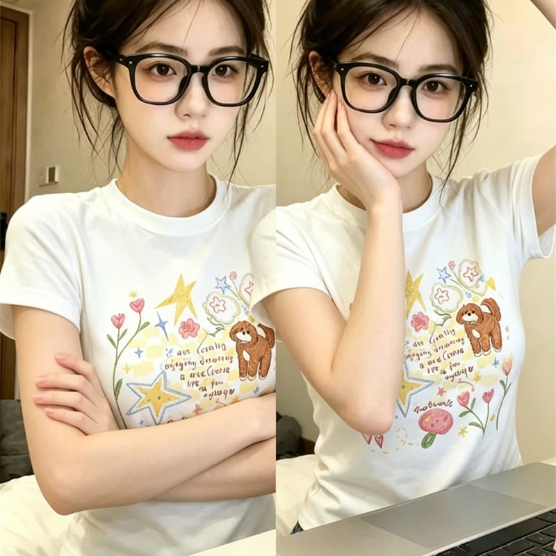 경관 그림 정가 40 순면 220 그램 92 면 8 암모니아 Lun 긍정적 인 어깨 반팔 티셔츠 여성 프린트 이미지 5