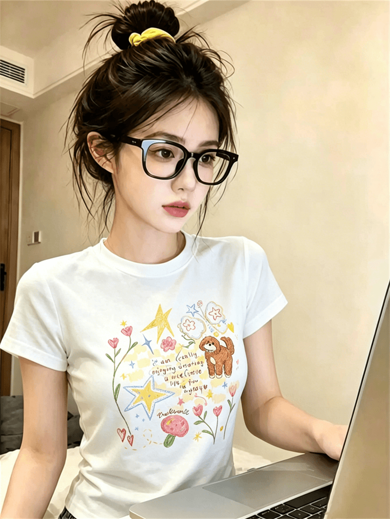 경관 그림 정가 40 순면 220 그램 92 면 8 암모니아 Lun 긍정적 인 어깨 반팔 티셔츠 여성 프린트 상세 이미지 2