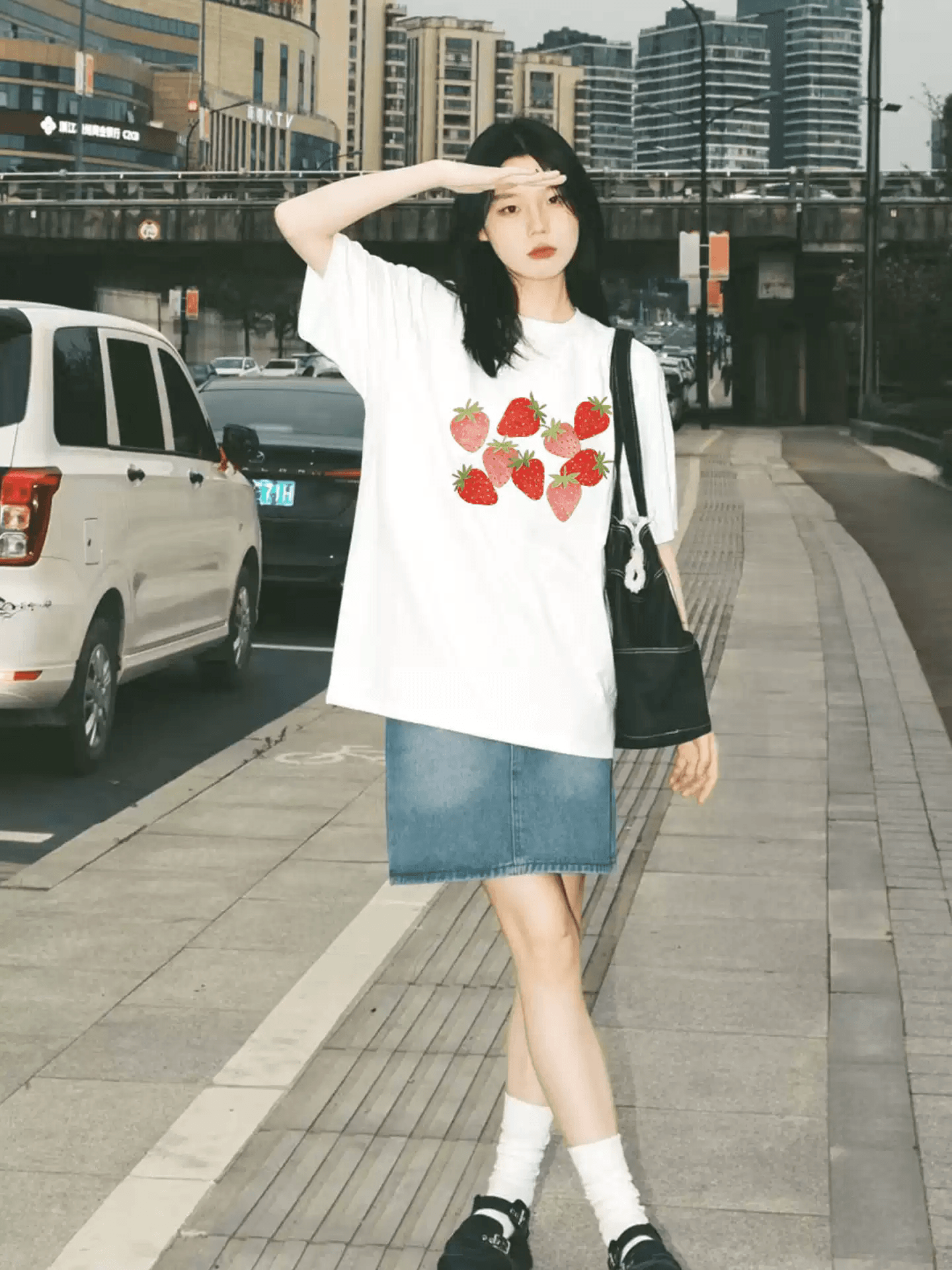 경관 그림 21 순면 210 그램 이후 패키지 칼라 여름 드레스 한 부서 반팔 티셔츠 여성 한국 스타일 루즈핏 빅 사이즈 프린트 이미지 2