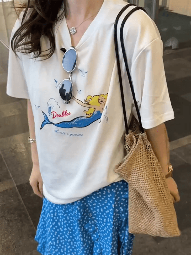 경관 그림 21 순면 210 그램 이후 패키지 칼라 여름 드레스 한 부서 반팔 티셔츠 여성 한국 스타일 루즈핏 빅 사이즈 프린트 이미지 4