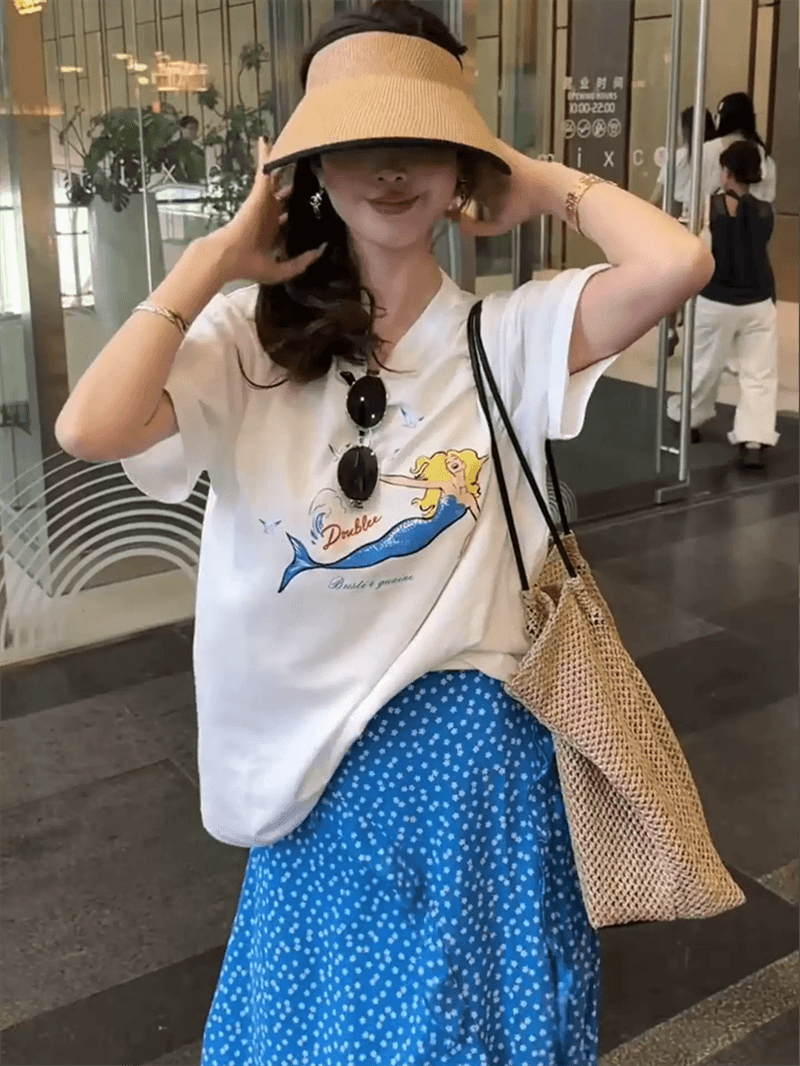 경관 그림 21 순면 210 그램 이후 패키지 칼라 여름 드레스 한 부서 반팔 티셔츠 여성 한국 스타일 루즈핏 빅 사이즈 프린트 상세 이미지 6