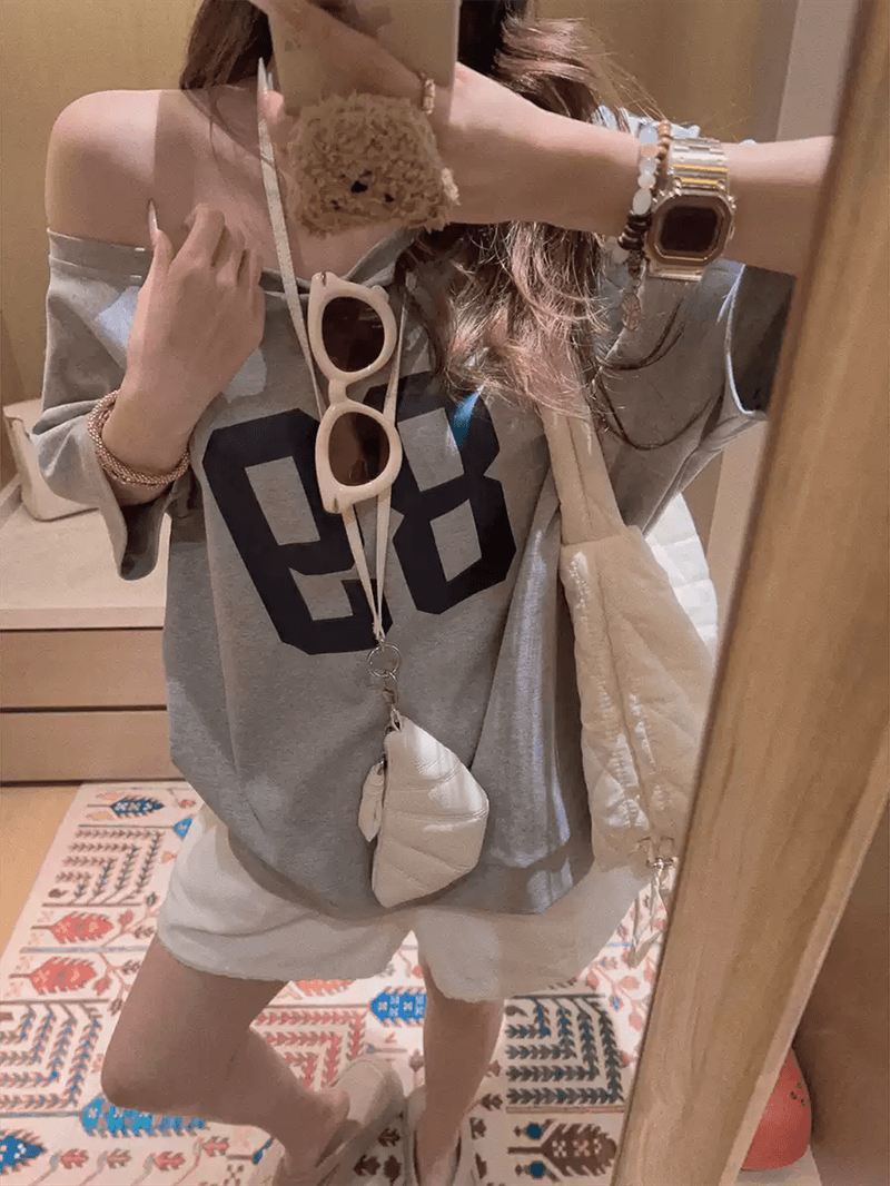 경관 그림 40 순면 220 그램 92 면 8 암모니아 Lun 비스듬한 칼라 오프숄더 오프숄더 반팔 티셔츠 여성 프린트 이미지 3