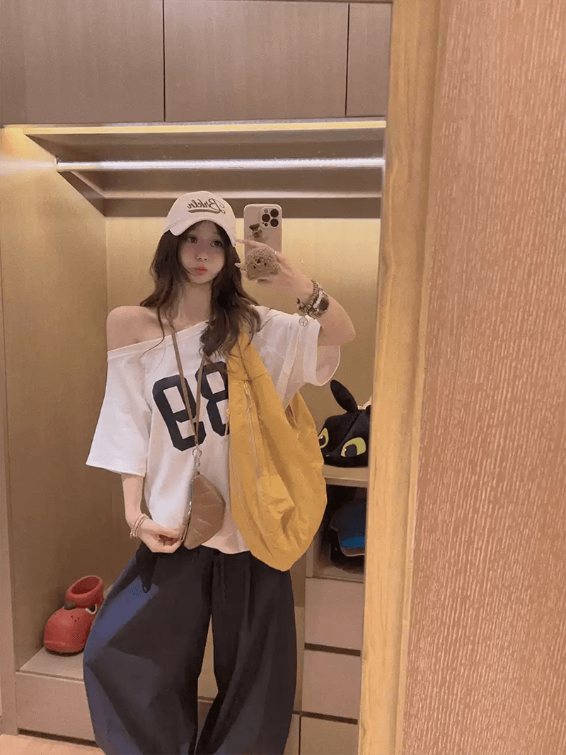 경관 그림 40 순면 220 그램 92 면 8 암모니아 Lun 비스듬한 칼라 오프숄더 오프숄더 반팔 티셔츠 여성 프린트 이미지 2