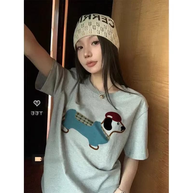 경관 그림 21 순면 210 그램 이후 패키지 칼라 여름 드레스 한 부서 반팔 티셔츠 여성 한국 스타일 루즈핏 빅 사이즈 프린트 상세 이미지 2