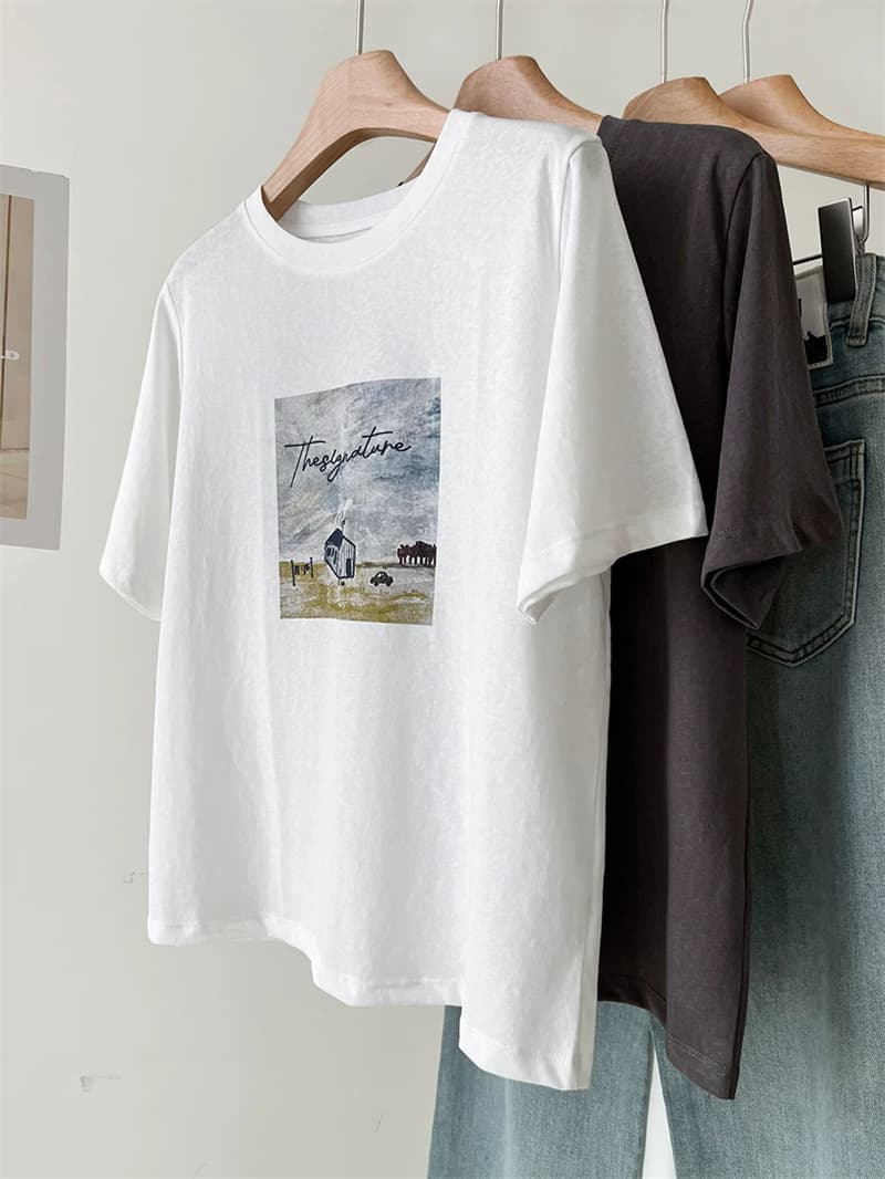 경관 그림 21 순면 210 그램 이후 패키지 칼라 여름 드레스 한 부서 반팔 티셔츠 여성 한국 스타일 루즈핏 빅 사이즈 프린트