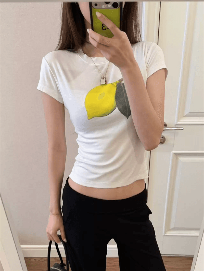 한 부서 순면 기본 셔츠 여성 2026 여름 새로운 레몬 프린트 라운드 넥 다용도 반팔 티셔츠 루즈핏 맨위 이미지 3