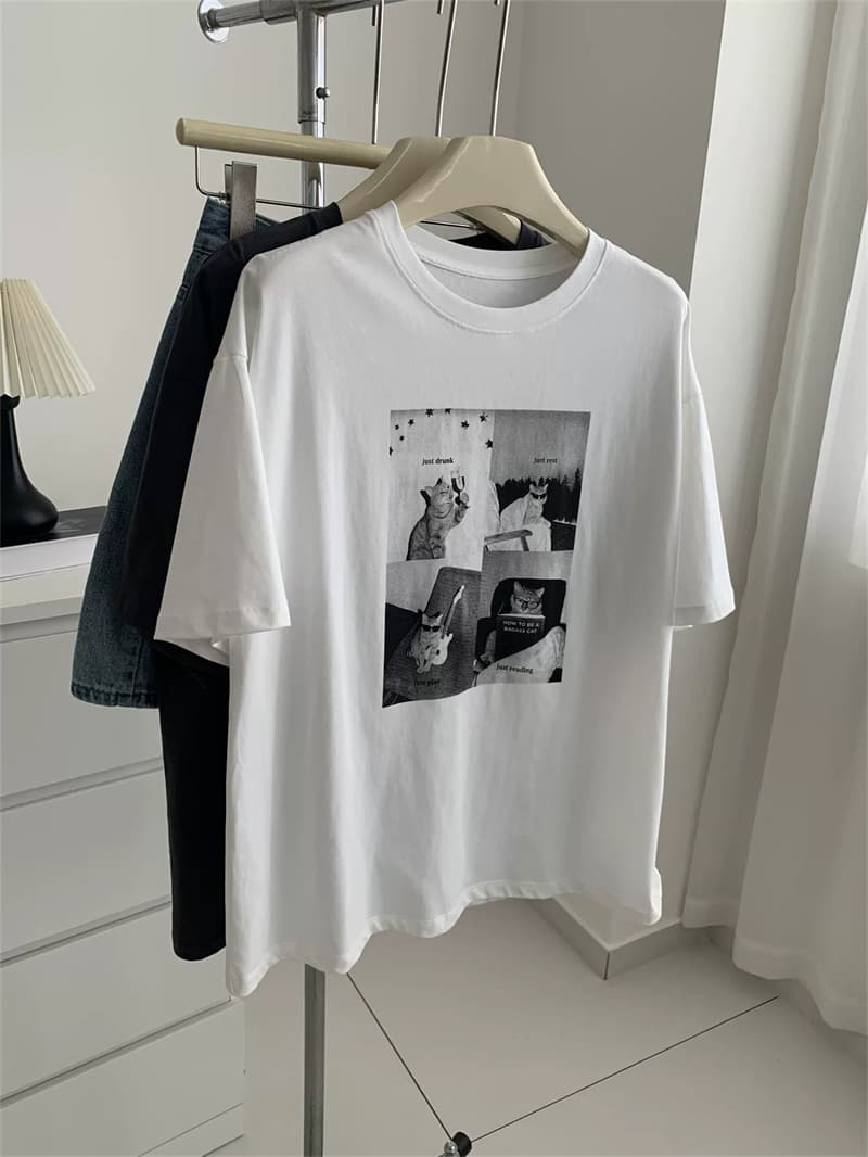 경관 그림 21 순면 210 그램 이후 패키지 칼라 여름 드레스 한 부서 반팔 티셔츠 여성 한국 스타일 루즈핏 빅 사이즈 프린트