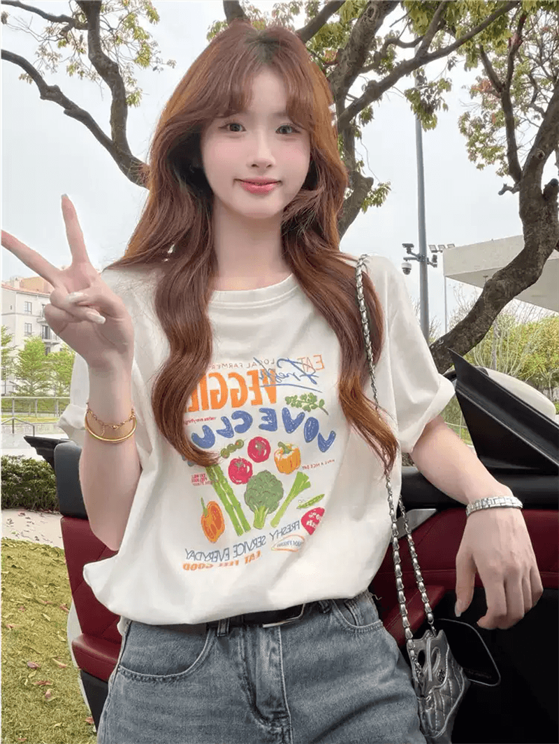 여름 드레스 한 부서 반팔 티셔츠 여성 한국 스타일 루즈핏 빅 사이즈 프린트 상세 이미지 2
