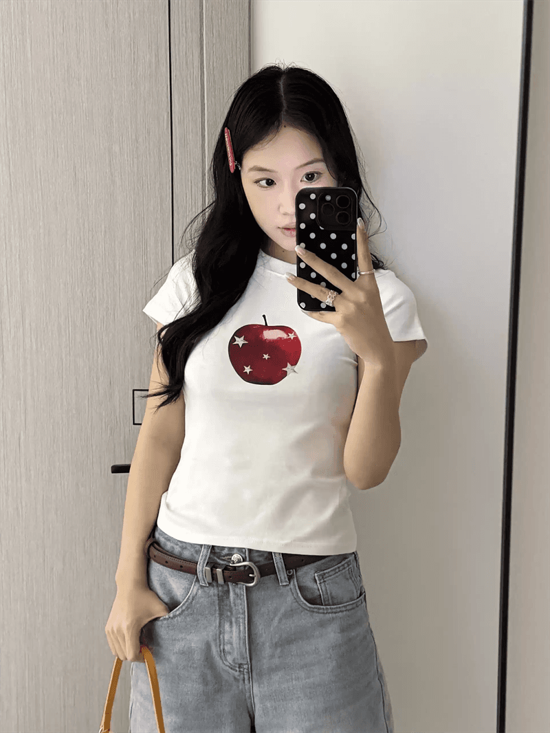 한 부서 순면 기본 셔츠 여성 2026 여름 새로운 애플 프린트 라운드 넥 다용도 반팔 티셔츠 루즈핏 맨위 이미지 2