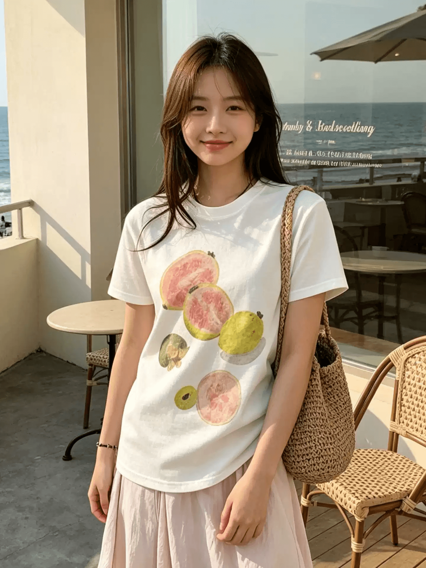 한 부서 순면 기본 셔츠 여성 2026 여름 새로운 과일 프린트 라운드 넥 다용도 반팔 티셔츠 루즈핏 맨위 이미지 2