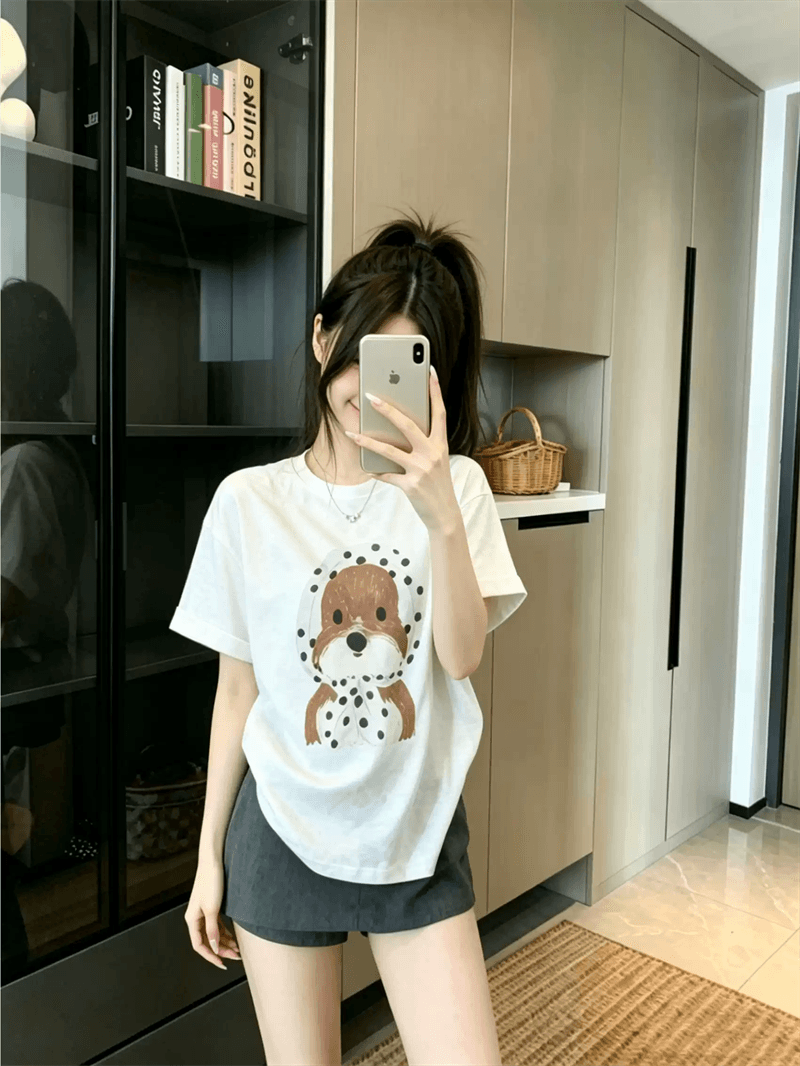 경관 그림 21 순면 210 그램 이후 패키지 칼라 여름 드레스 한 부서 반팔 티셔츠 여성 한국 스타일 루즈핏 빅 사이즈 프린트 상세 이미지 3