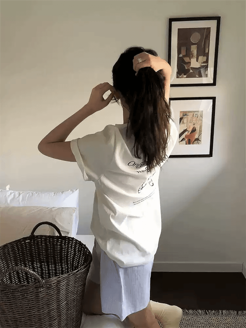 한 부서 순면 기본 셔츠 여름 새로운 느긋한 루즈핏 알파벳 프린트 라운드 넥 반팔 빅 사이즈 여성 의류 티셔츠 상세 이미지 4