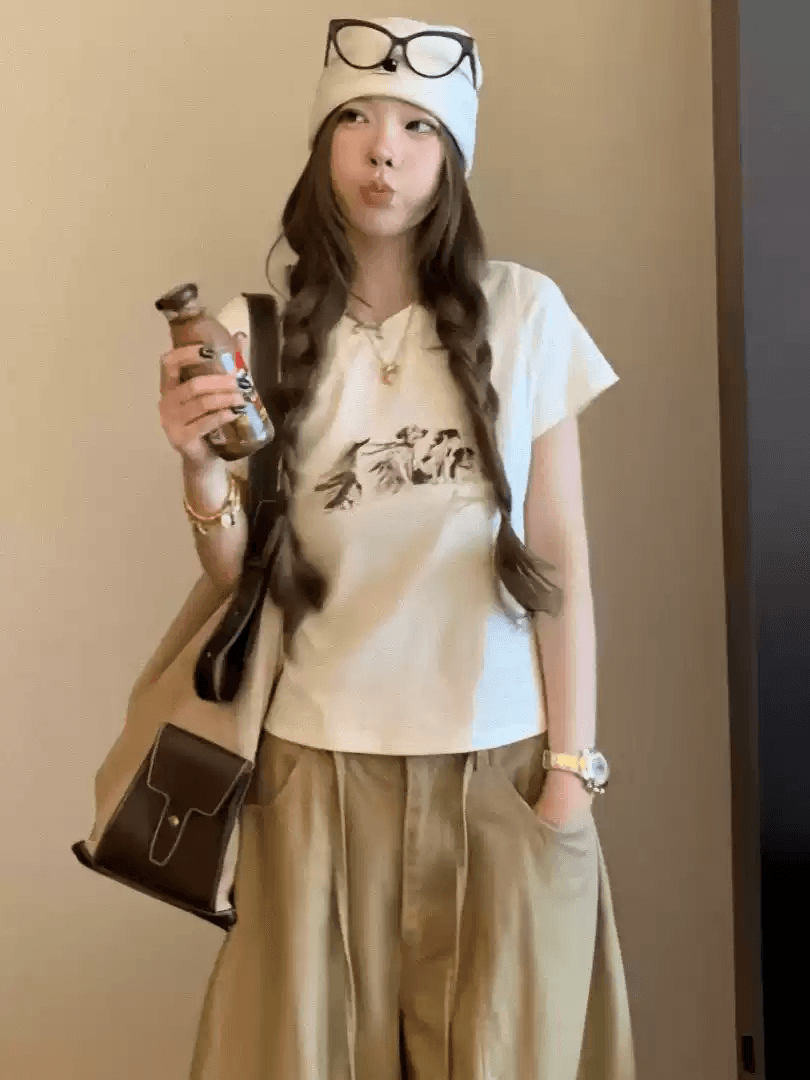 경관 그림 40 순면 220 그램 92 면 8 암모니아 Lun 긍정적 인 어깨 반팔 티셔츠 여성 프린트
