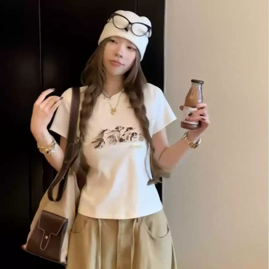 경관 그림 40 순면 220 그램 92 면 8 암모니아 Lun 긍정적 인 어깨 반팔 티셔츠 여성 프린트 이미지 5