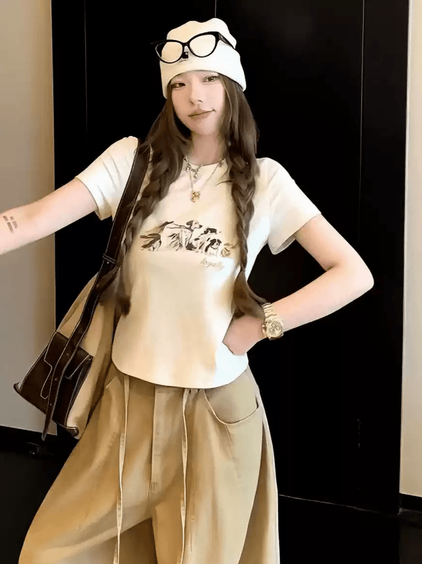경관 그림 40 순면 220 그램 92 면 8 암모니아 Lun 긍정적 인 어깨 반팔 티셔츠 여성 프린트 상세 이미지 2
