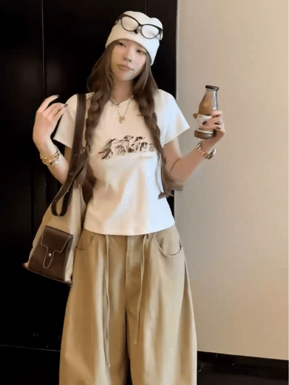 경관 그림 40 순면 220 그램 92 면 8 암모니아 Lun 긍정적 인 어깨 반팔 티셔츠 여성 프린트 상세 이미지 3