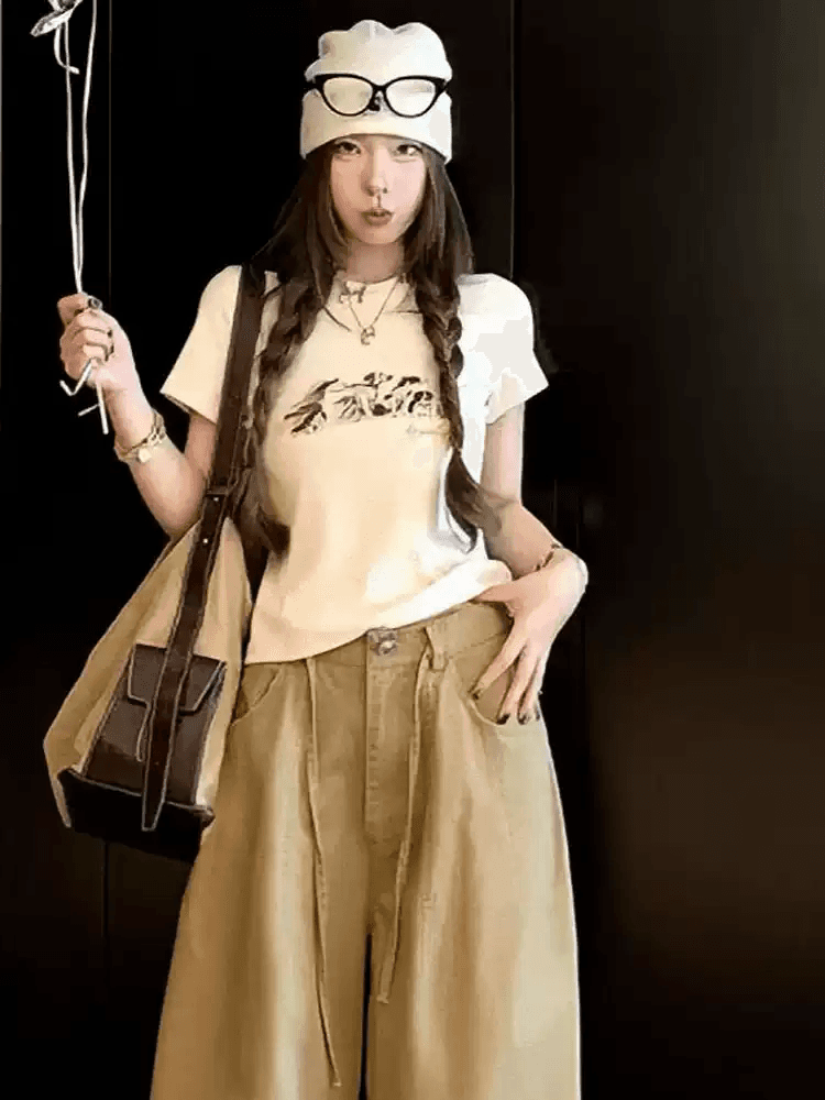 경관 그림 40 순면 220 그램 92 면 8 암모니아 Lun 긍정적 인 어깨 반팔 티셔츠 여성 프린트 상세 이미지 5