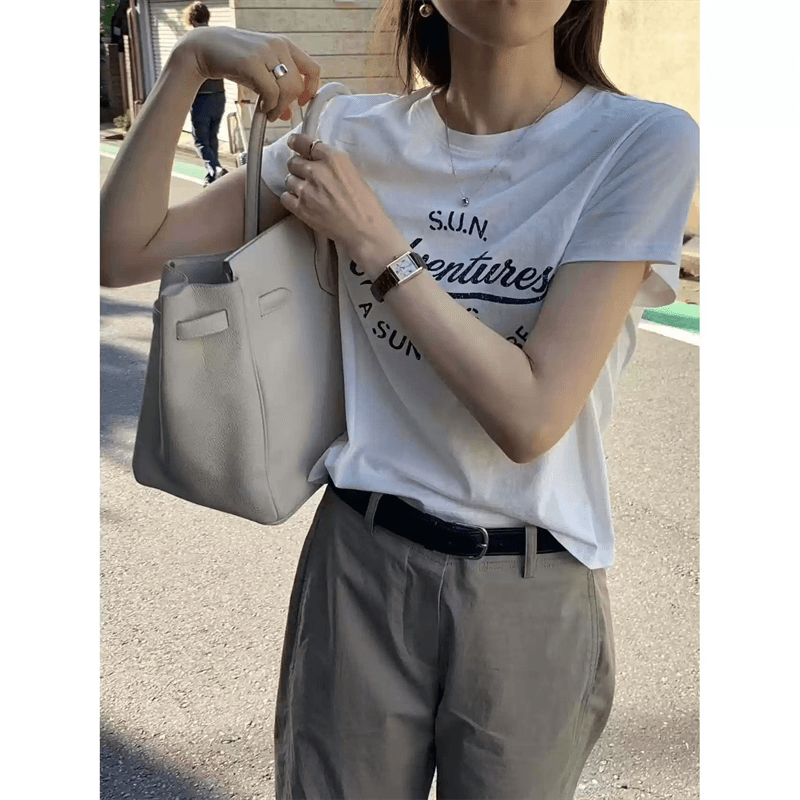 한 부서 순면 기본 셔츠 여성 2026 여름 새로운 알파벳 프린트 라운드 넥 다용도 반팔 티셔츠 루즈핏 맨위 상세 이미지 3