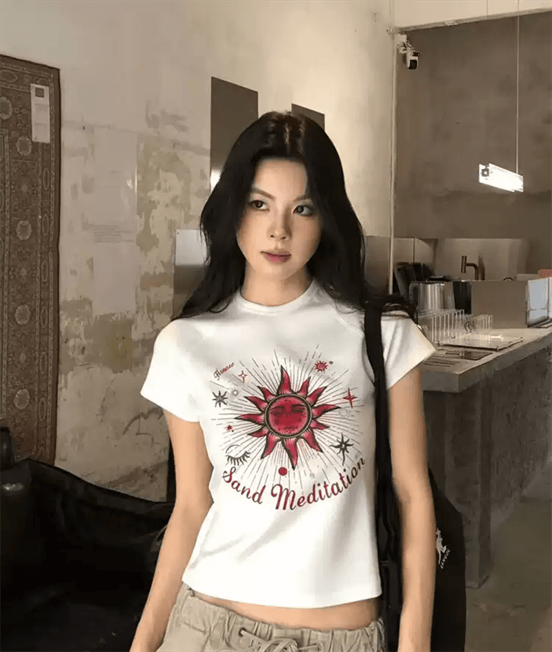 경관 그림 정가 40 순면 220 그램 92 면 8 암모니아 Lun 긍정적 인 어깨 반팔 티셔츠 여성 프린트