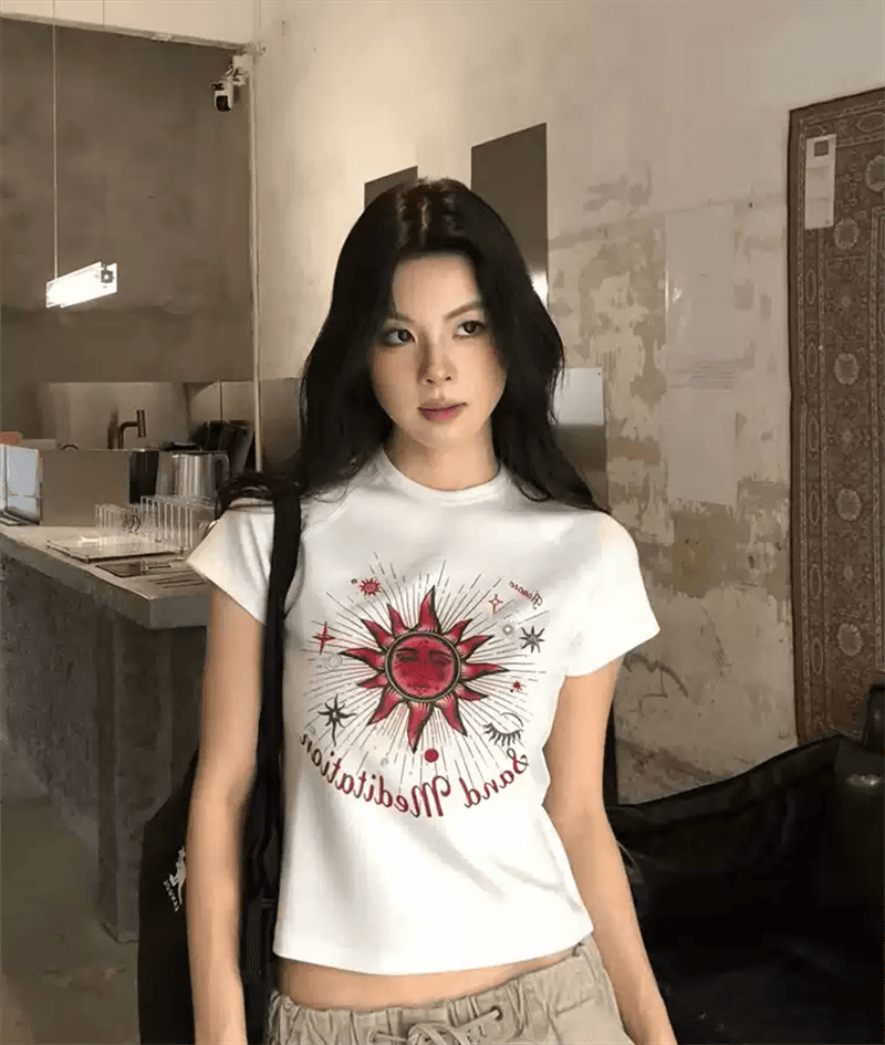 경관 그림 정가 40 순면 220 그램 92 면 8 암모니아 Lun 긍정적 인 어깨 반팔 티셔츠 여성 프린트 이미지 4