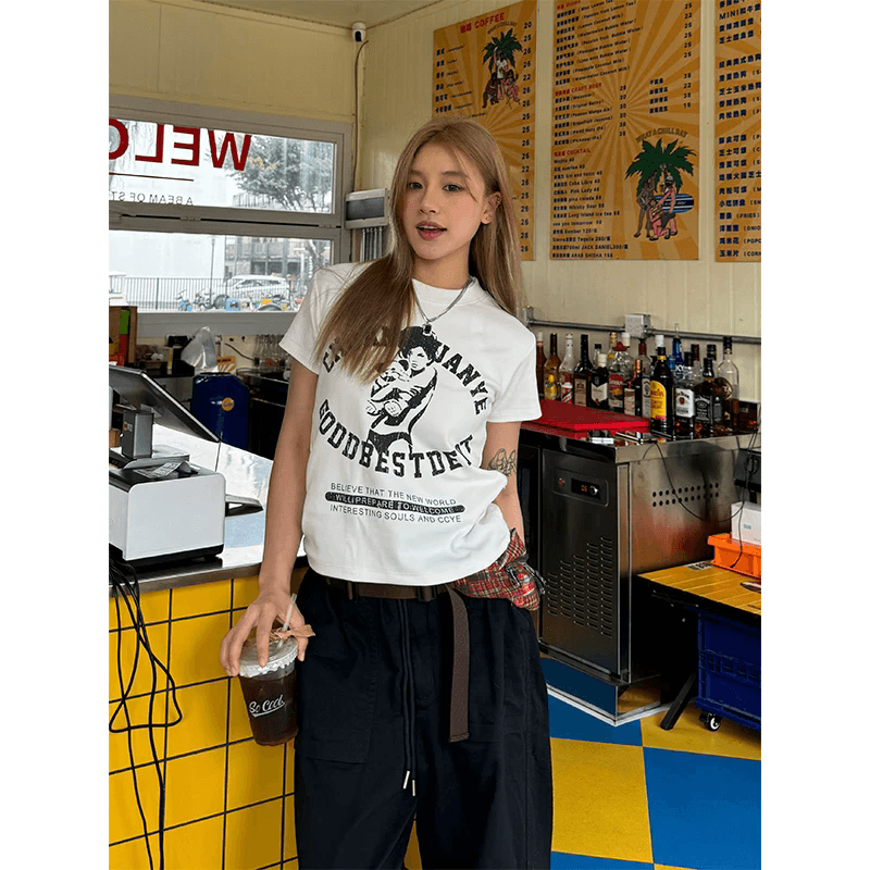 한 부서 순면 기본 셔츠 여성 2026 여름 새로운 알파벳 프린트 라운드 넥 다용도 반팔 티셔츠 루즈핏 맨위