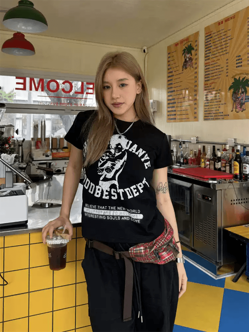 한 부서 순면 기본 셔츠 여성 2026 여름 새로운 알파벳 프린트 라운드 넥 다용도 반팔 티셔츠 루즈핏 맨위 이미지 4