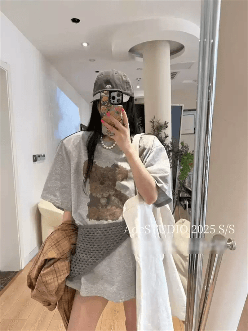한 부서 순면 기본 셔츠 여름 새로운 느긋한 루즈핏 만화 프린트 라운드 넥 반팔 빅 사이즈 여성 의류 티셔츠 상세 이미지 4