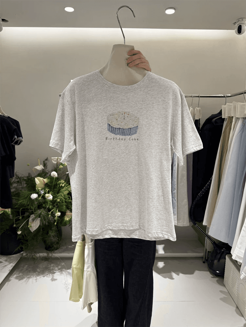 한 부서 순면 기본 셔츠 여름 새로운 느긋한 루즈핏 케이크 프린트 라운드 넥 반팔 빅 사이즈 여성 의류 티셔츠 이미지 4