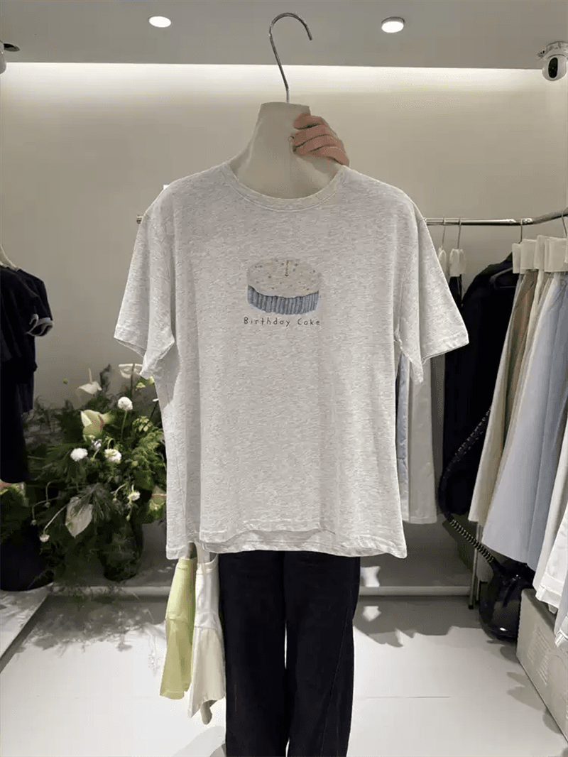 한 부서 순면 기본 셔츠 여름 새로운 느긋한 루즈핏 케이크 프린트 라운드 넥 반팔 빅 사이즈 여성 의류 티셔츠 상세 이미지 5