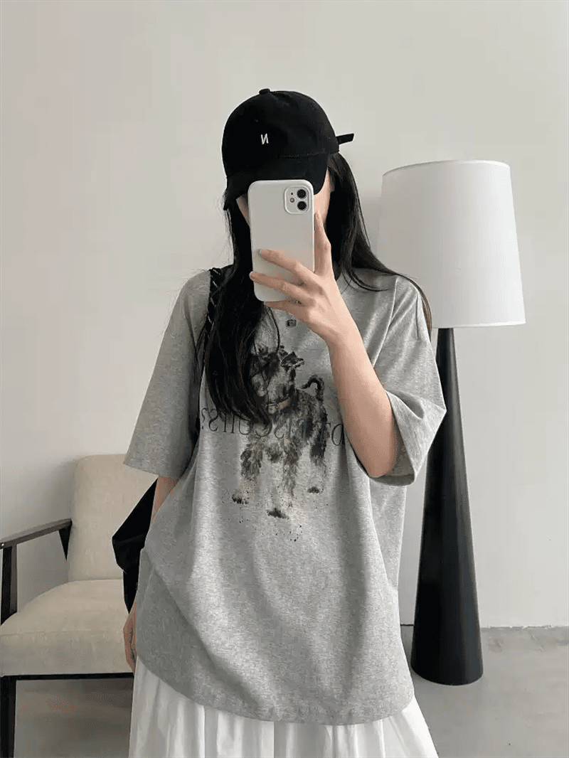 경관 그림 21 순면 210 그램 이후 패키지 칼라 여름 드레스 한 부서 반팔 티셔츠 여성 한국 스타일 루즈핏 빅 사이즈 프린트 상세 이미지 3