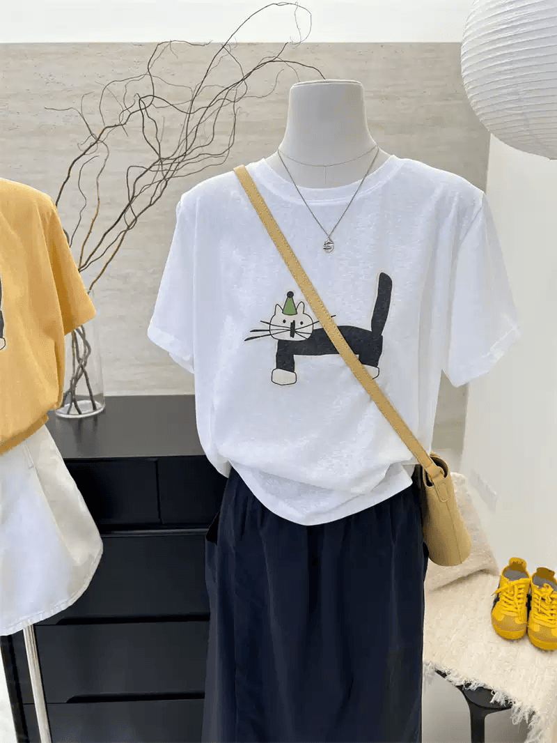 한 부서 순면 기본 셔츠 여름 새로운 느긋한 루즈핏 만화 프린트 라운드 넥 반팔 빅 사이즈 여성 의류 티셔츠 이미지 2