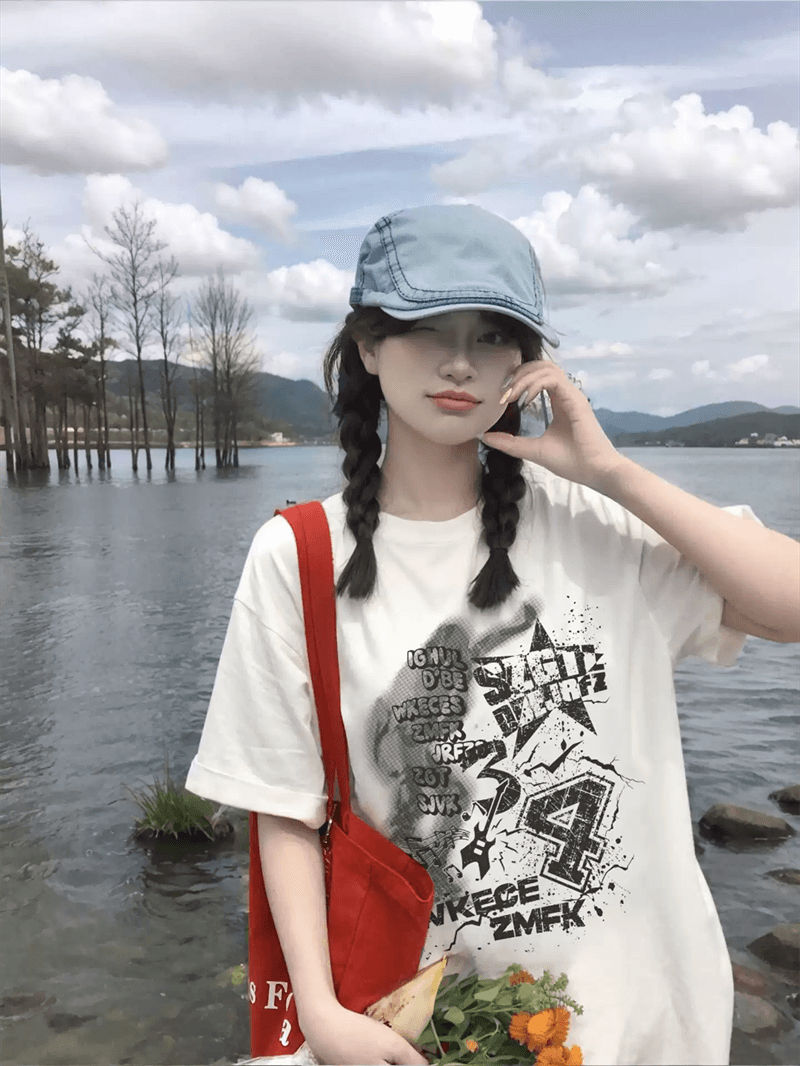 경관 그림 21 순면 210 그램 이후 패키지 칼라 여름 드레스 한 부서 반팔 티셔츠 여성 한국 스타일 루즈핏 빅 사이즈 프린트