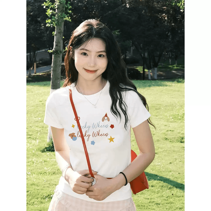 2026 한국 대외 무역 새로운 순면 220 그램 92 면 8 암모니아 Lun 긍정적 인 어깨 반팔 티셔츠 여성 프린트 이미지 4